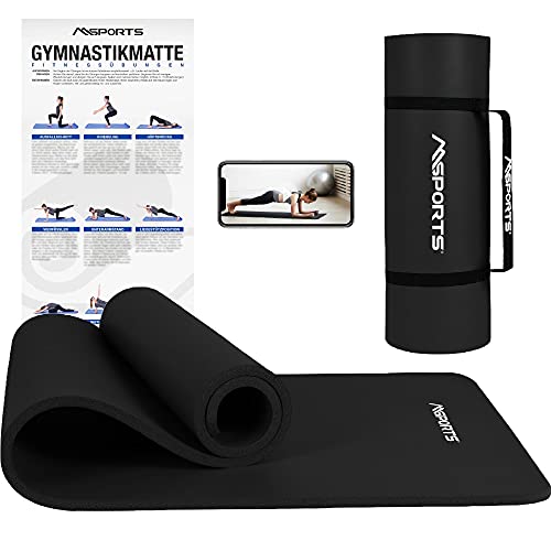 MSPORTS Gymnastikmatte Premium inkl. Tragegurt + Übungsposter + Workout App I Hautfreundliche Fitnessmatte 190 x 60 x 1,5 cm - Schwarz-Matt - Phthalatfreie Yogamatte