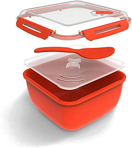 Rotho Memory Microwave Reiskocher 2,5l mit Deckel und Löffel für die Mikrowelle, Kunststoff (PP) BPA-frei, rot/transparent, 2,5l (19,5 x 19,5 x 12,1 cm)