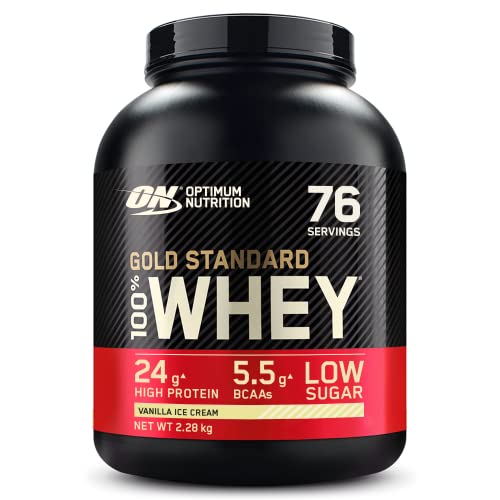 Optimum Nutrition Gold Standard 100% Molkenproteinpulver für Muskelaufbau und -regeneration mit natürlich vorkommendem Glutamin und BCAA-Aminosäuren, Vanilla Ice Cream, 76 Portionen, 2,28 kg