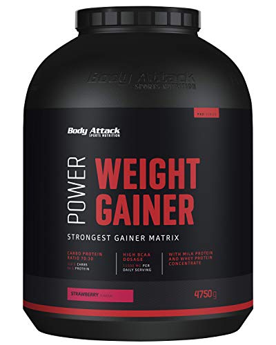 Body Attack Power Weight Gainer, 100% Masseaufbau, Kohlenhydrat-Eiweißpulver zum Muskelaufbau mit Whey-Protein, ideal für Hardgainer (Strawberry, 4,75 kg)