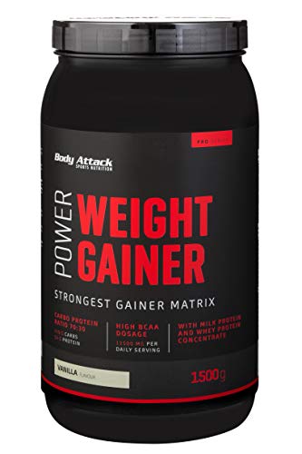 Body Attack Power Weight Gainer, 100% Masseaufbau, Kohlenhydrat-Eiweißpulver zum Muskelaufbau mit Whey-Protein, ideal für Hardgainer (Vanilla, 1,5 kg)
