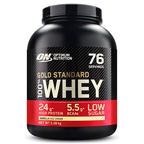 Optimum Nutrition ON Gold Standard Whey Protein Pulver, Eiweißpulver zum Muskelaufbau, natürlich enthaltene BCAA und Glutamin, Vanilla Ice Cream, 76 Portionen, 2.28kg, Verpackung kann Variieren