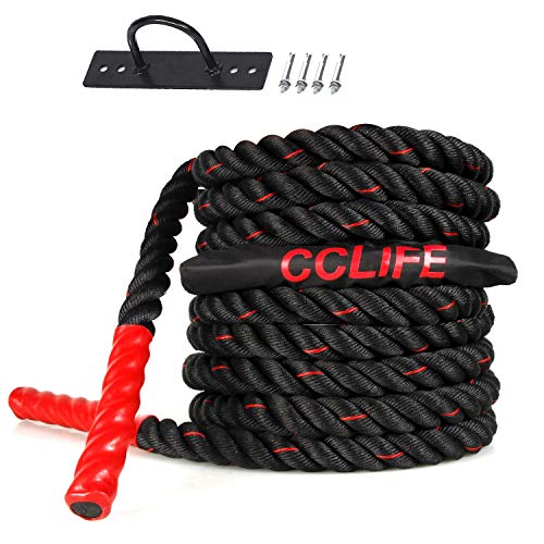CCLIFE Battle Ropes Schlachtseil 9m 12m 15m Ø38mm Trainingsseil Fitnessseil Sportseil Battle Rope für Fitnessstudio Muskelaufbau, Größe:9m schwarz-rote Seile, mit Halterung
